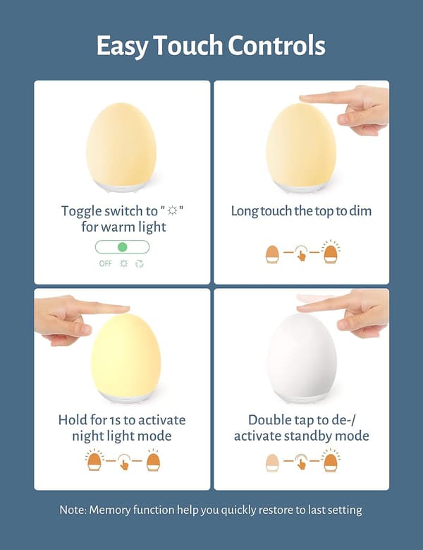 Nursery Egg Lamp, Eye-Friendly Touch Control Rechargeable Baby Night Light with 7 Color Modes, Dimmable Night Feeding Egg Lamp