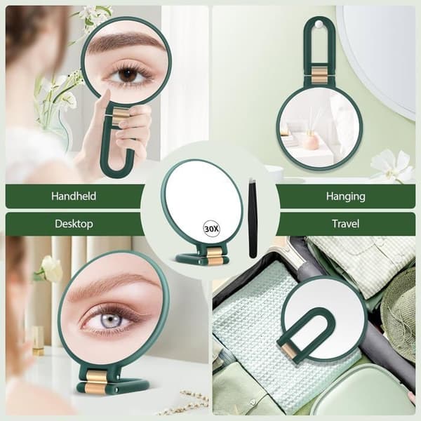 (White) 30X Magnifying Mirror with Handle - Double-Sided Makeup Mirror (1X/30X), Foldable and Portable for Makeup - Green