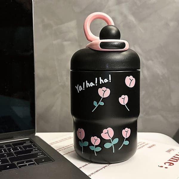 Bærbar termoflaske i rustfrit stål til kaffe, varme og kolde drikke, sort blomstret bjørnedesign