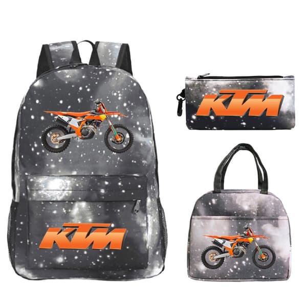 KTM Cross Student Backpack Set (3-piece set) with Creative Pattern Motorcycle Design, with a Casual Student Backpack and Pencil Case. Starry Gray