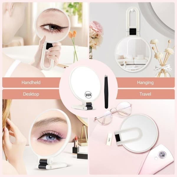 (White) 30X Magnifying Mirror with Handle - Double-Sided Makeup Mirror (1X/30X), Foldable and Portable for Makeup - White