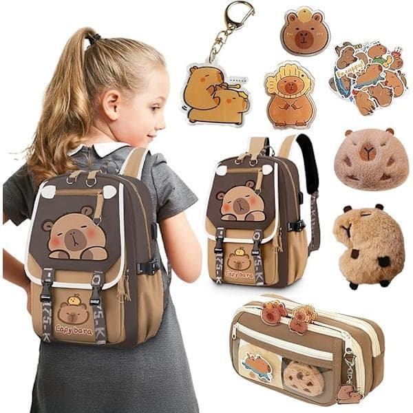 Cute Waterproof Nylon Backpack with Capybara, Includes 11 Small Gifts, Cute Capybara Shape, Cute Large Capacity Kids Backpack