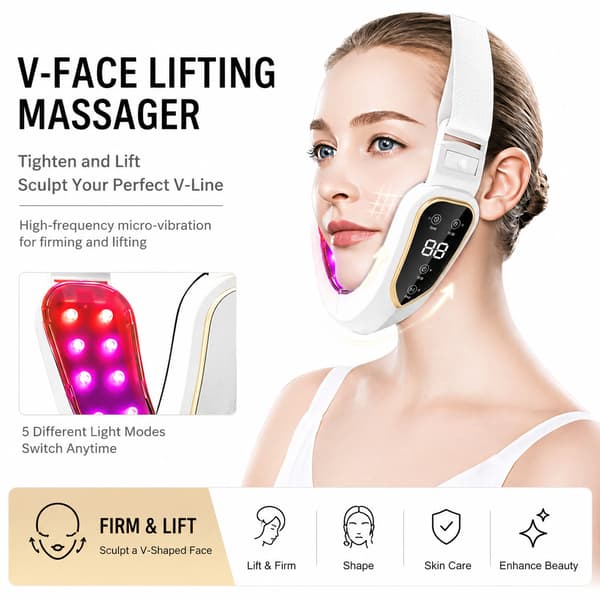 V-Ansiktslyftande Massager med 12 Justerbara Nivåer - Mikrovibration & LED-Ljusterapi Vit