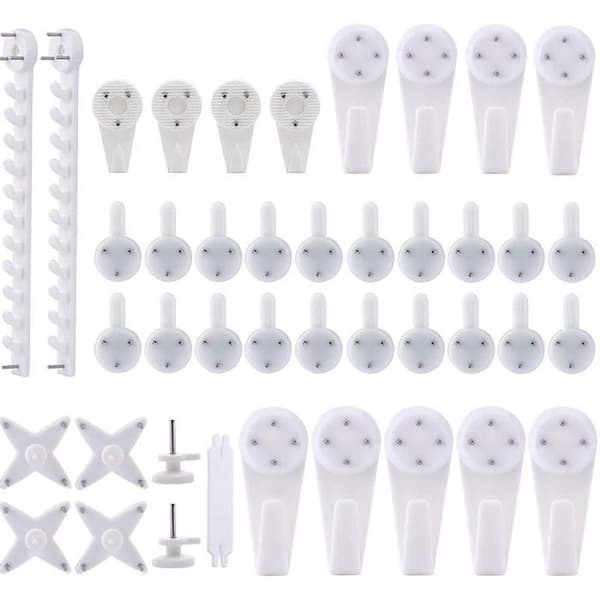(White) Picture Hanging Kit - 42 Pieces - White - Plastic - Wall Mounting without Drilling