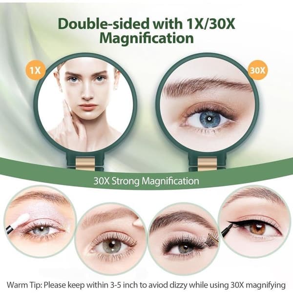 (White) 30X Magnifying Mirror with Handle - Double-Sided Makeup Mirror (1X/30X), Foldable and Portable for Makeup - Green
