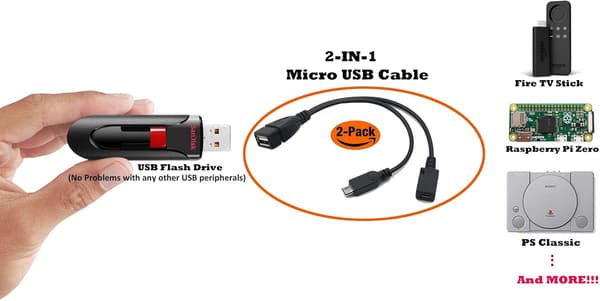 AuviPal 2 i 1 Micro USB til USB-adapter (OTG-kabel + strømkabel) til FireStick, Playstation Classic og mere - 2-pak