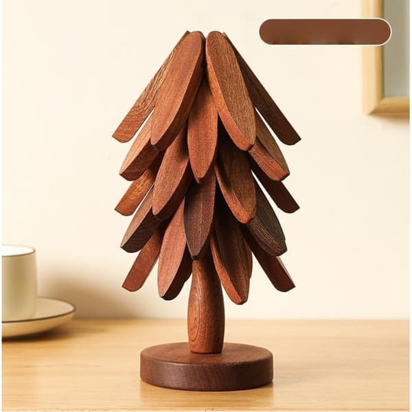 Tree-shaped Solid Wood Trivet - Heat-resistant Kitchen Trivet, Foldable, Coffee Color