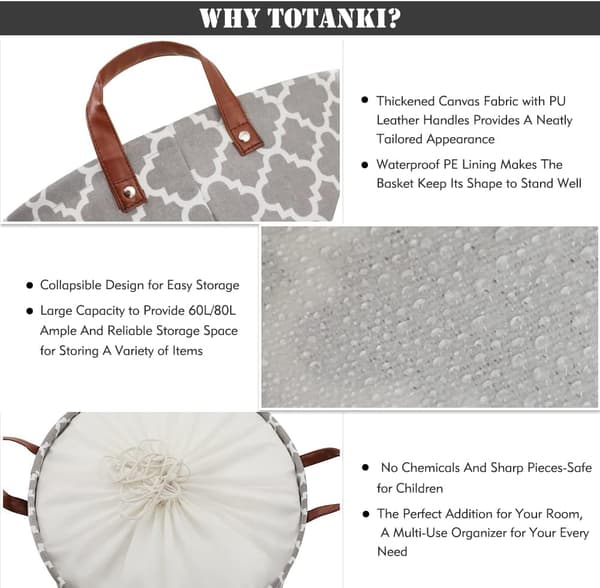 48L Large Laundry Hamper with Durable Leather Handle, Drawstring