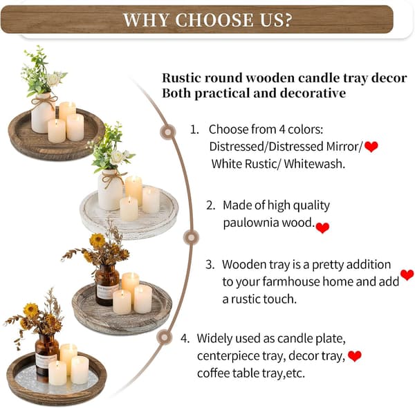 Round Decorative Candle Tray, Rustic Table for Christmas, Wedding, Halloween, Home Decor (Distressed)