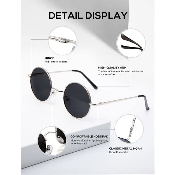 John Lennon-briller til mænd, runde solbriller, polariserede cirkelformede