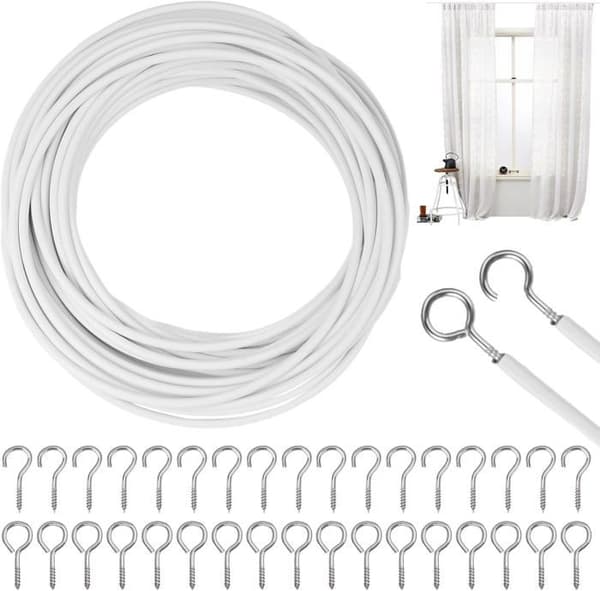 (Hvit) Gardinfeste - HOME FIT TRAINING - 10M Hvit Kabel - 25 Øyebolter - 25 Skrukroker