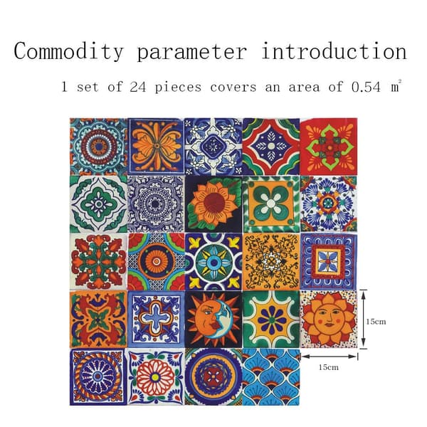 24 Colorful Mandala Tile Stickers 15x15cm, Kitchen Bathroom