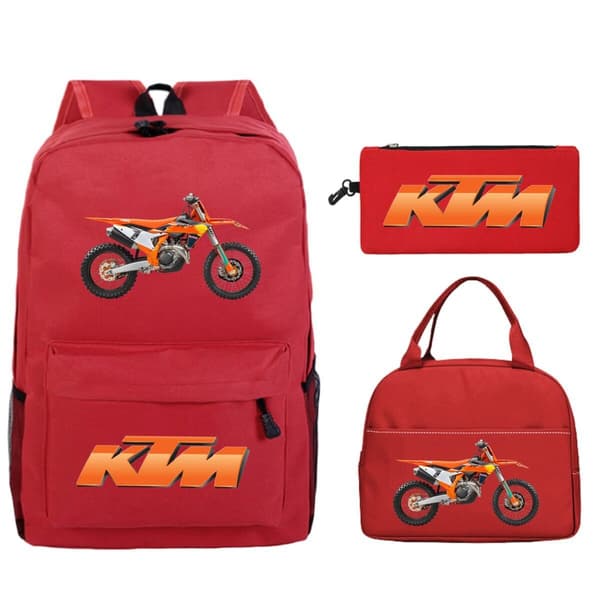 KTM Cross Student Backpack Set (3-piece set) with Creative Pattern Motorcycle Design, with a Casual Student Backpack and Pencil Case. Red