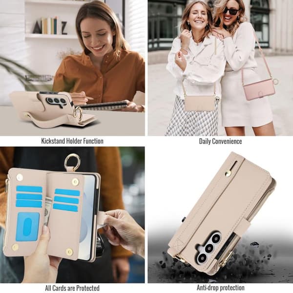 Samsung Galaxy S26+ / S26 Plus 5G Case Cover with Crossbody Ring Multifunctional Leather Wallet Vit