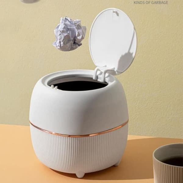 Push-to-open trash can, mini trash can for office, plastic trash can, for office cabinets, bedroom, study (white)