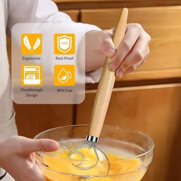 Kitchen whisk, manual dough mixer, large flat egg whisk, wooden handle, stainless steel head, mixer, baking tool
