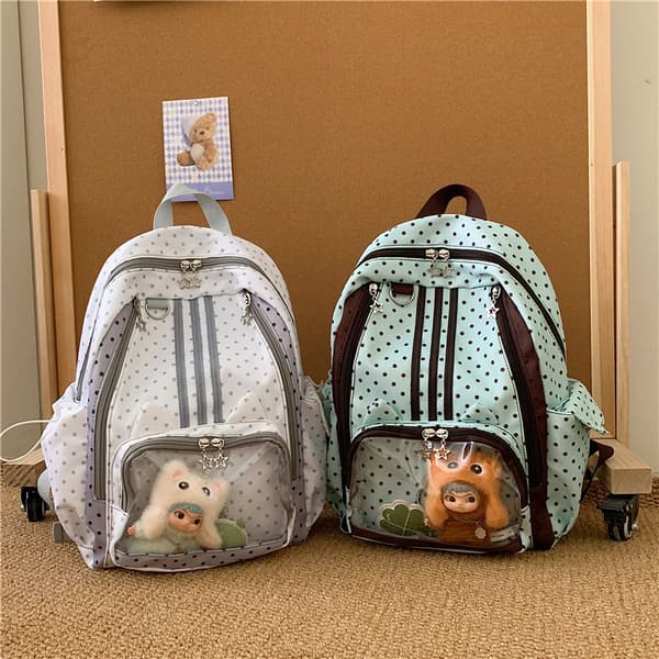 Women's Polka Dot College Backpack, Expandable Water-Resistant Nylon Bag Light Gray