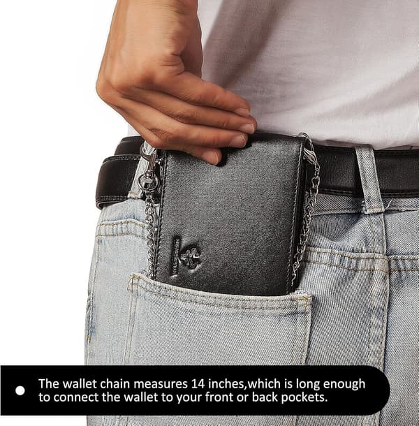 Men's Wallet with Chain Genuine Leather Wallet RFID Blocking Bifold Wallet with ID Window Card Slots, Black