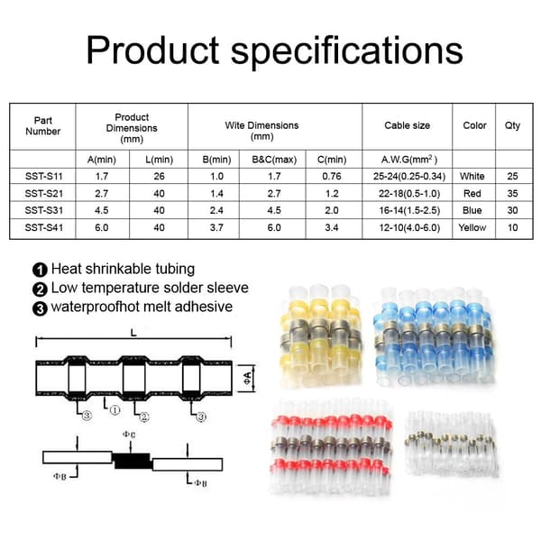 Set of 100 Welded Connectors - 4 Different Sizes - Heat Shrink