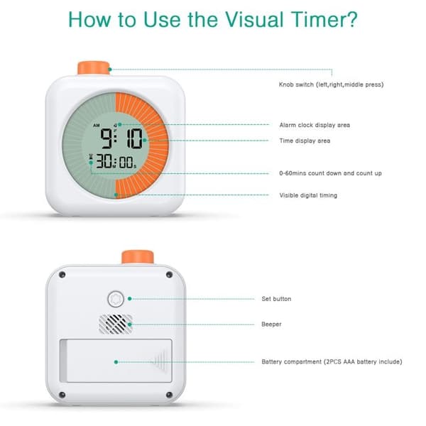 (Hvit) Kjøkkentimer, Digital visuell timer, Klokke- og alarmfunksjon, 12/24 timer, For læring, trening, matlaging
