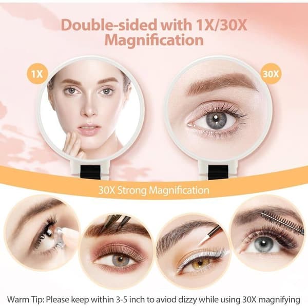 (White) 30X Magnifying Mirror with Handle - Double-Sided Makeup Mirror (1X/30X), Foldable and Portable for Makeup - White
