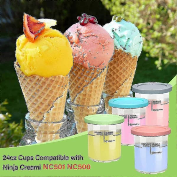 For Ninja Creami Deluxe 4-pack Replacement Pints and Lid Set with Secure Locking Ribs Compatible with NC501 NC500 Series Ice Cream Maker Accessories