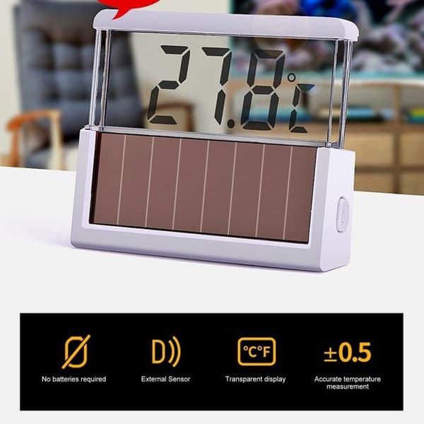 Solcelle akvarietermometer, digitalt gennemsigtigt LCD-display, højpræcisions solcelle akvarietermometer