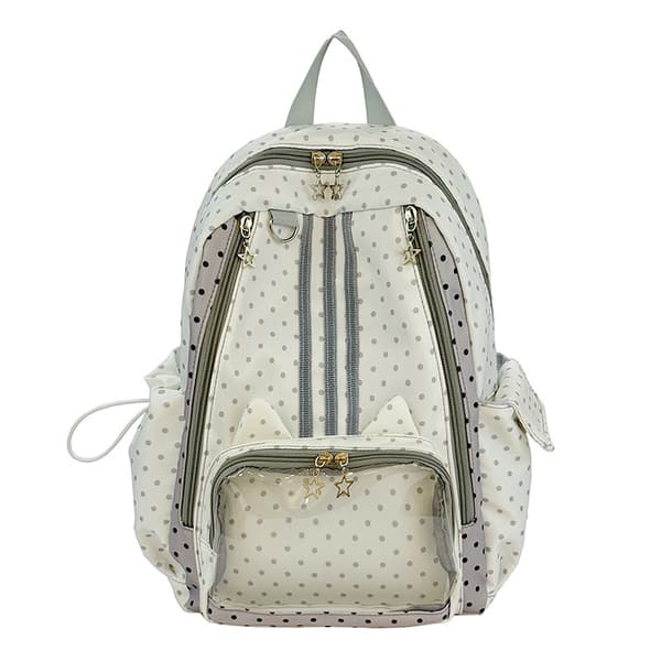 Women's Polka Dot College Backpack, Expandable Water-Resistant Nylon Bag Light Gray