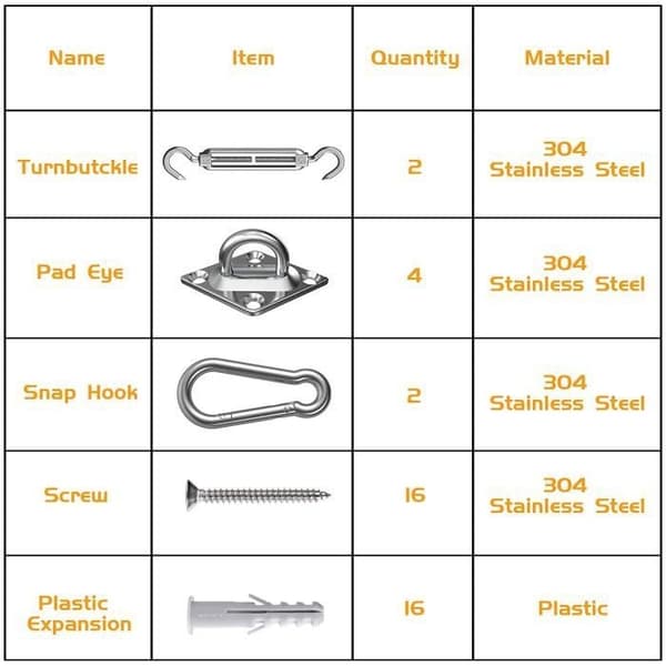 304 Stainless Steel Shade Sail Fixing Kit for Triangle/Rectangle/Heavy [165]