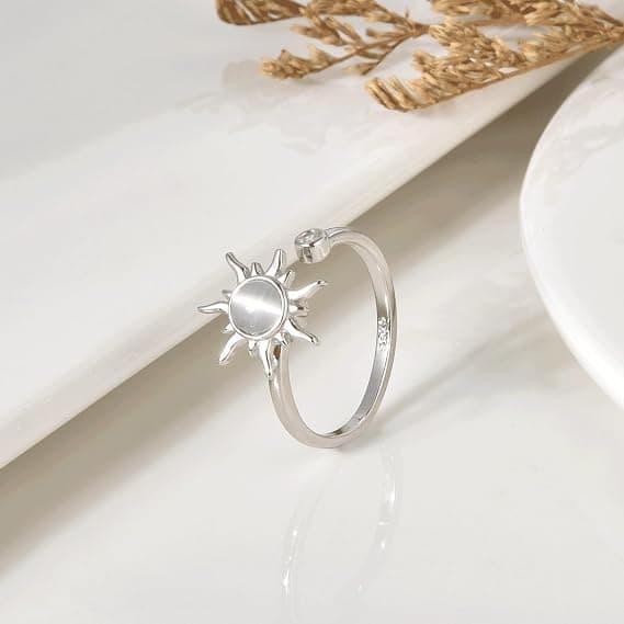 Roterende ring 925 Sterling Sølv Fidget Angstringer Åpen Justerbar Ring Måne og Stjerne Ring Månestein Sol Ring for Kvinner