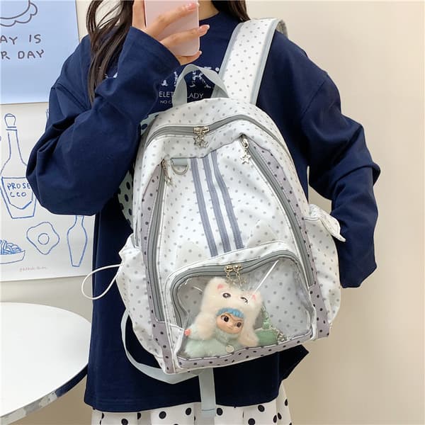 Women's Polka Dot College Backpack, Expandable Water-Resistant Nylon Bag Light Gray