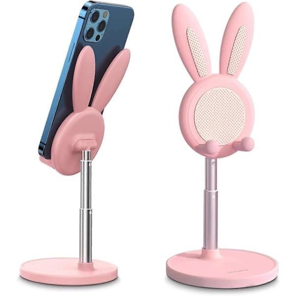 Cute Rabbit Phone Holder, Angle and Height Adjustable Cell Phone Stand for Desk, Compatible with Thick Cases