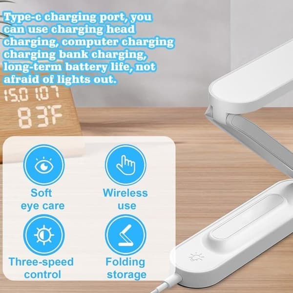 Foldable Wireless LED Desk Lamp, Dimmable Table Lamp with 3 Brightness Levels, Eye-Friendly Table Lamp