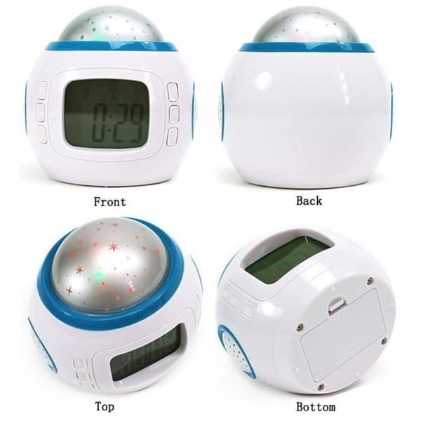 Vekkerklokke med projeksjon, musikk, stjernehimmel, kalender, termometer, LED-display, alarm og slumrefunksjon.