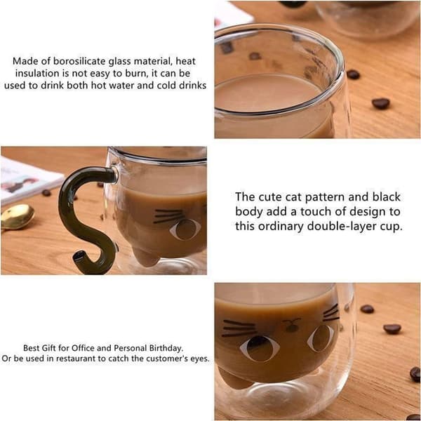 (White) Double-Walled Coffee Mug, Cute Double-Walled Cat Mug, 260 ml with Cat Coffee Mug Holds Latte Macchiato
