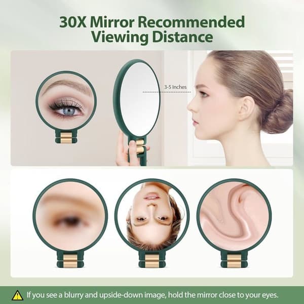 (White) 30X Magnifying Mirror with Handle - Double-Sided Makeup Mirror (1X/30X), Foldable and Portable for Makeup - Green