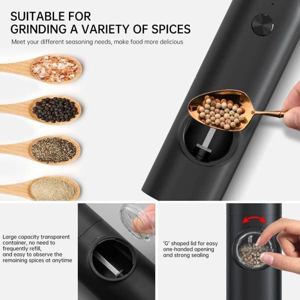 PotentForce USB Electric Pepper Grinder, Set of 2 with Base. Electric Salt and Pepper Mill with Adjustable Coarseness.