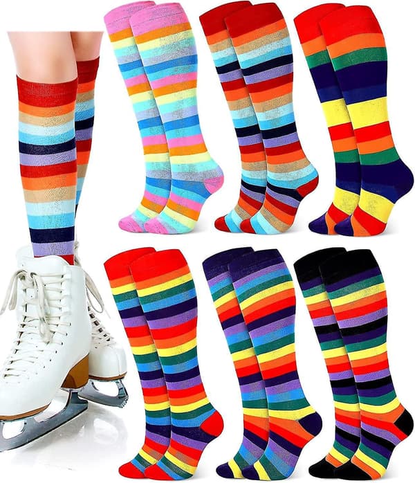 6 Pairs Striped Knee High Socks for Roller Skating, Rainbow