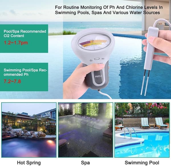 2-i-1 Pooltester - Elektronisk pH- og klorinmåler - Vandtester til Pool & Spa - Nøjagtig Måling - Grå