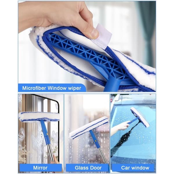 Professional Window Cleaning Set, Detachable Long Handle, 150 cm, 2-in-1 Window Cleaner, Soft Rubber Handle with Microfiber Cloth