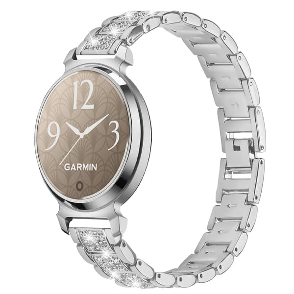 Elegant Sølv Rustfrit Stål Diamant Urrem Kompatibel med Garmin Lily 2