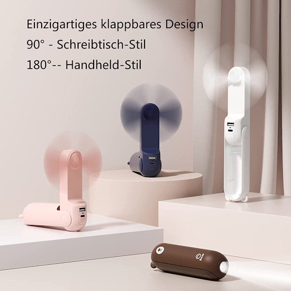 3-i-1 Handhållen fläkt Batteridriven Minifläktar USB Uppladdningsbar Liten Fickfläkt [14-21 Timmars Drifttid] med Powerbank, Ficklampsfunktion för Kvinnor