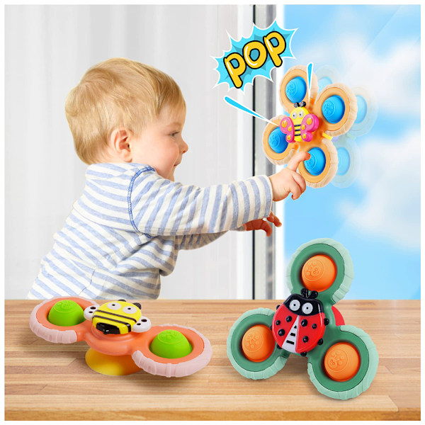 Sugkopp snurrande topp leksak, 3-pack sugkopp snurrande leksak med silikon tandring, baby badleksak, sensorisk leksak baby, leksaker presenter för 1-3 år