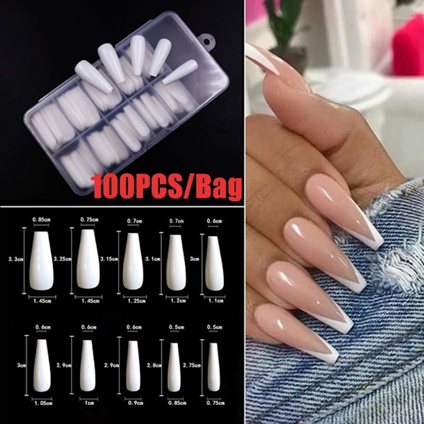 100 st falska naglar akrylnaglar full cover tips kista manikyr ballerina uv gel akryl nagel kit verktyg falska