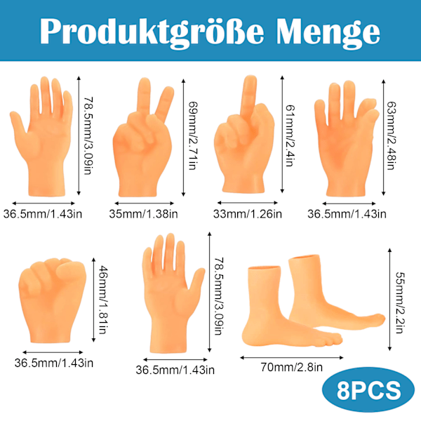 Paket med 8 små händer, små fingerdockor, minihänder, minivänsterhand, högerhand skämt leksak, litet handset för magi, Halloween och