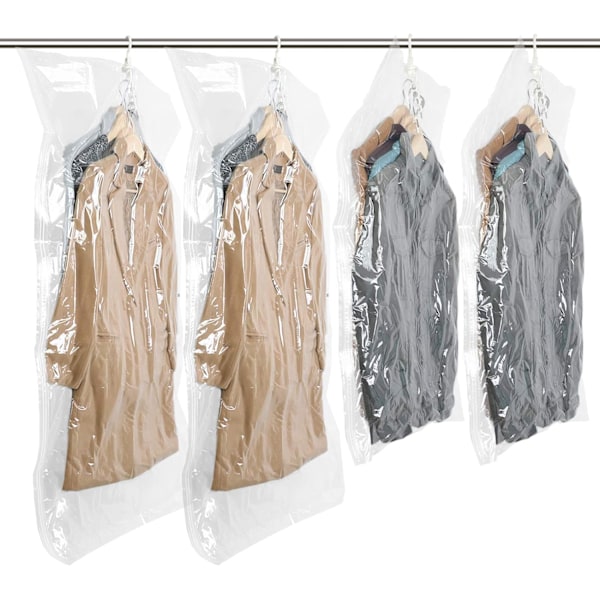 Hängande vakuumförvaringspåsar för kläder, 4-pack (2 långa 135x70cm & 2 korta 105x70cm), vakuumöverdrag för kostymer, rockar, jackor, garderobsorganisatör