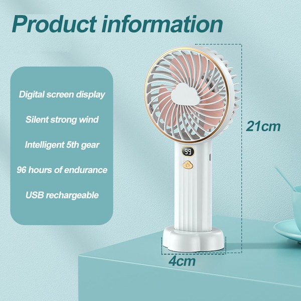 Handhållen fläkt, bärbar handhållen fläkt med USB-laddningsbart batteri, 5-växlad personlig fläkt med bas, för kvinnor, flickor, barn utomhus