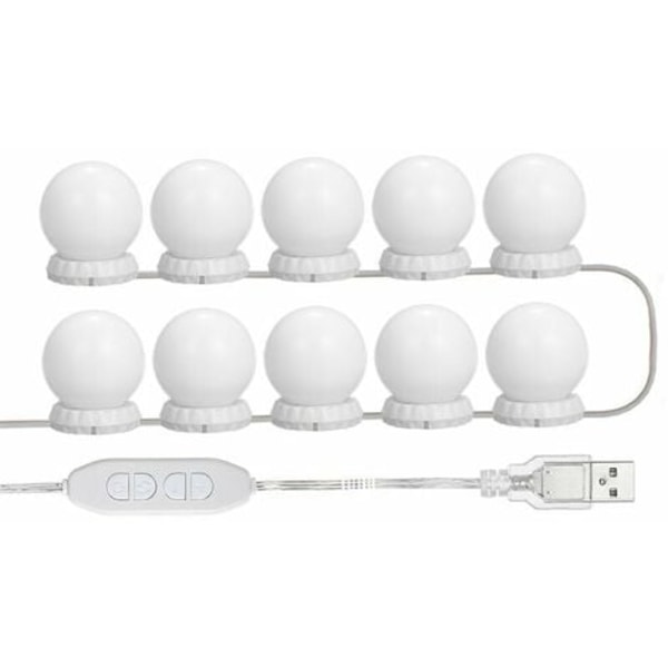 LED-spegelbelysningsset för sminkbord, med 10 justerbara glödlampor, 10 ljusstyrkor och 3 belysningslägen, USB-typ, vit - vit