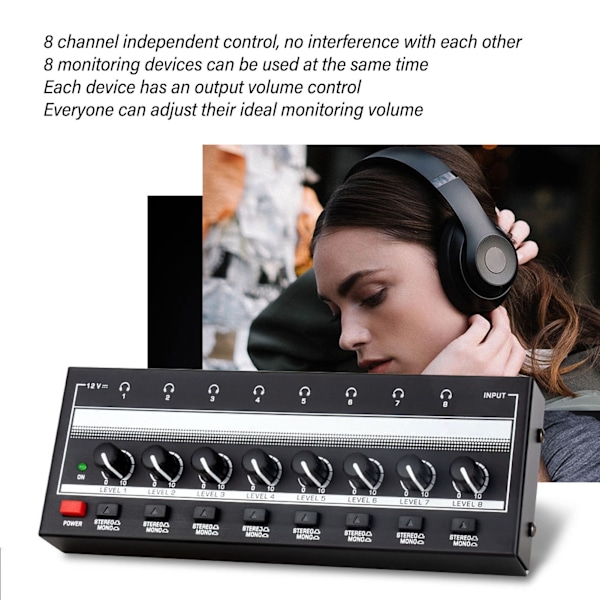 Stereo Hörlursförstärkare 8 Utmatning 1 Ingångskanal Klart Ljud Kompakt Metall Headset Förstärkare för Studio Scen 100‑240V,EU-kontakt
