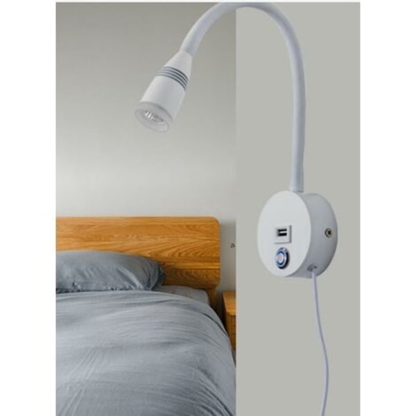 LED väggläslampa Sconce läslampa Flexibel svanhals 3W dimbar touch switch lampa med USB-laddningsport Sänglampa vägglampor（Vit）